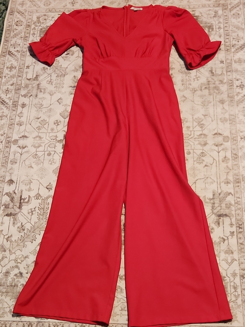 Wonderly Red V-Neck Wide-Leg Jumpsuit with Puff Sleeves